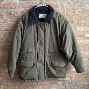 Trader Bay Men's Khaki Field Down Feather Jacket with Navy Collar Size M
